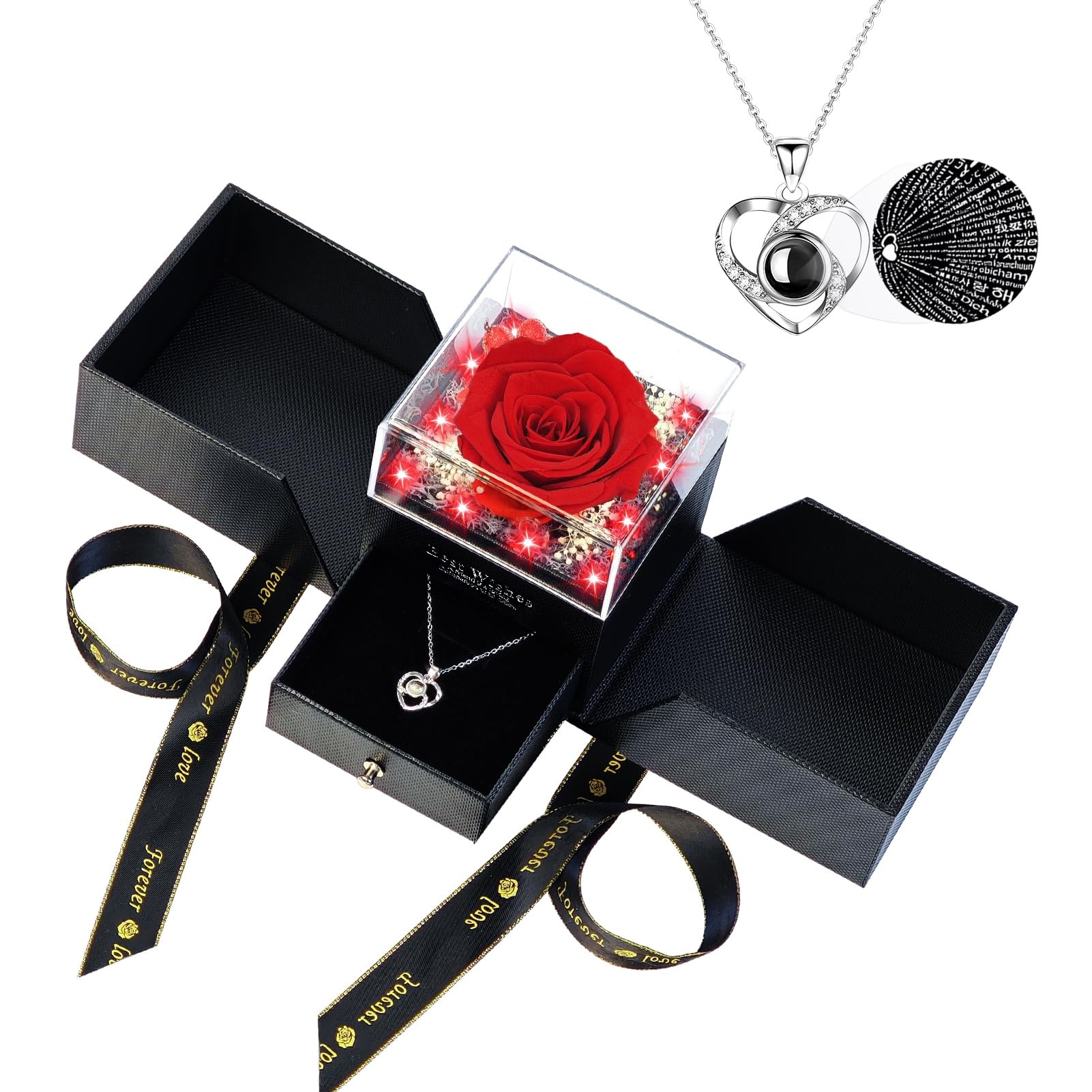 FLAGLY Preserved Real Red Rose with Matching Red LED Light & 100 Languages Necklace - Eternal Mother's Day Birthday Gifts for Women Mom Wife Grandma -