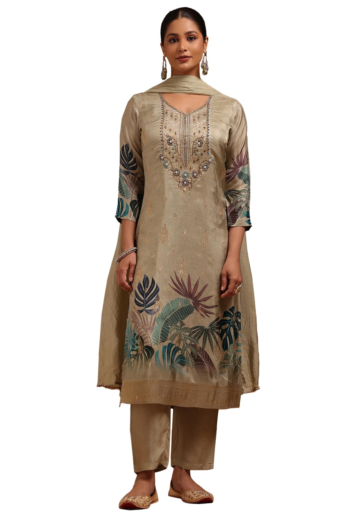 Womens Russian Silk Botanical Print Suit Set With Stone Work-image-19