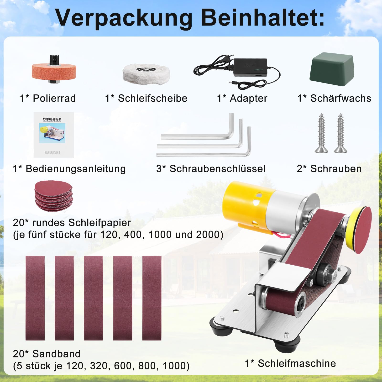 Elektrischer Bandschleifer, 7-Stufig Verstellbarer Polierer mit 20-Schleifbändern und 20-Stück Schleifpapier, Bandschleifmaschine für Metallpolieren, Holzpolieren und Werkzeugschleifen