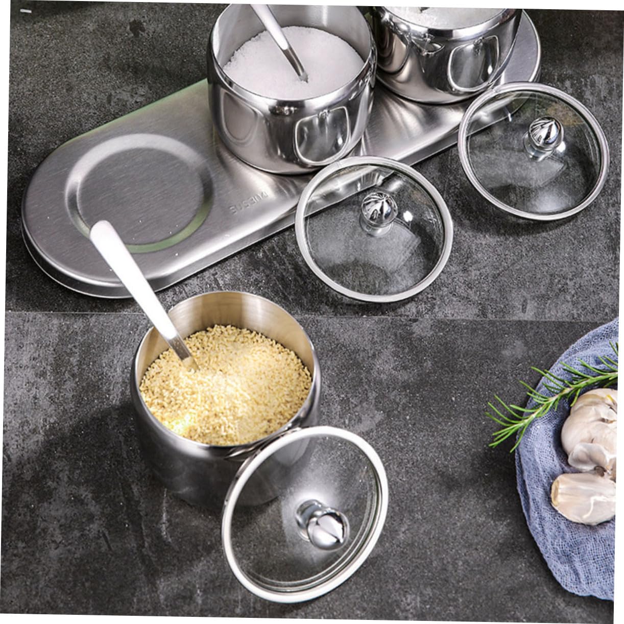 Gewürzgläser aus Edelstahl Salzbehälter Vorratsgläser für Gewürze Kaffee Tee und Zucker mit Sockel