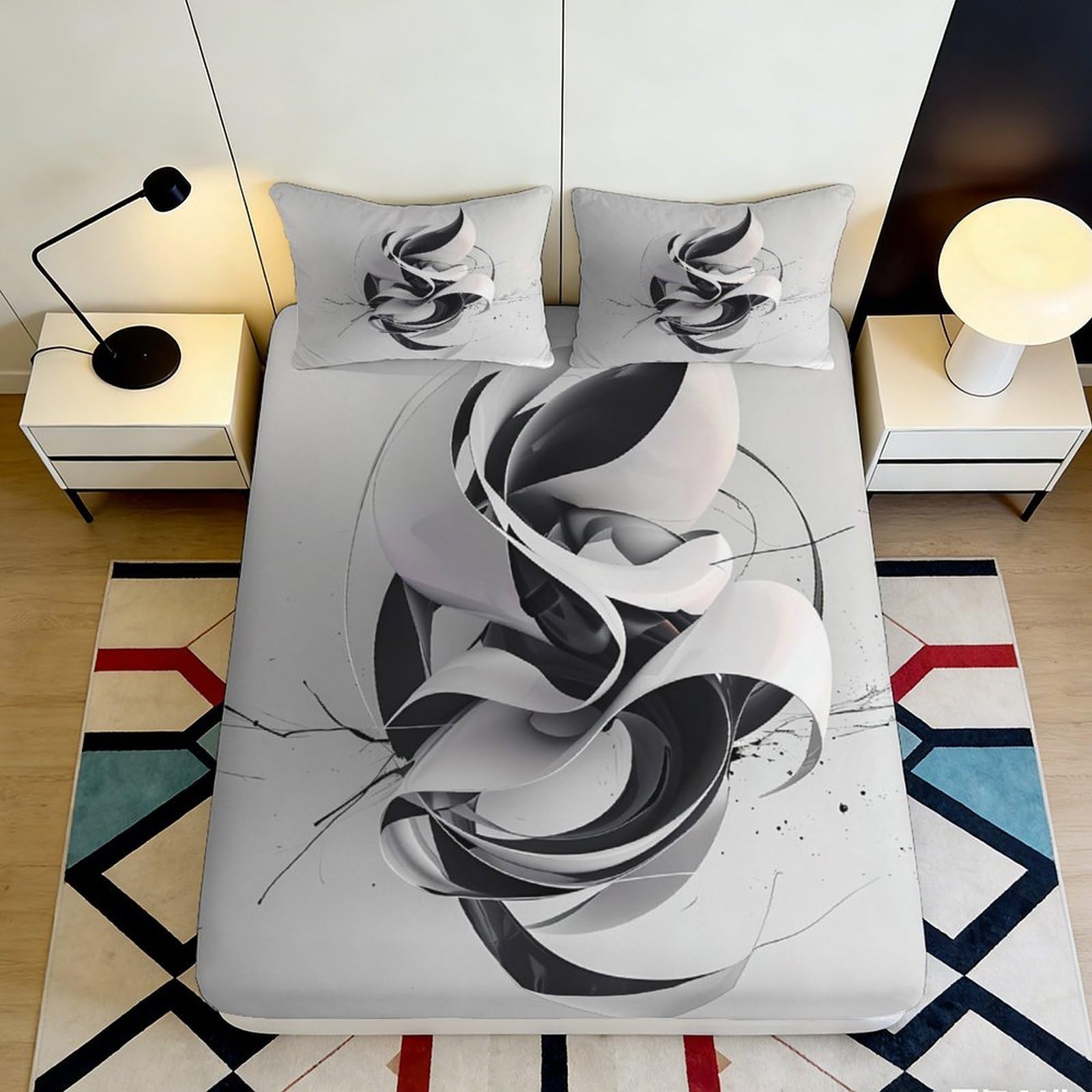 3D Printed Abstract Monochrome Art Fitted Sheet Microfiber Modern Swirl Bed Cover for Bedroom Guest Room Decor 90x200x25cm