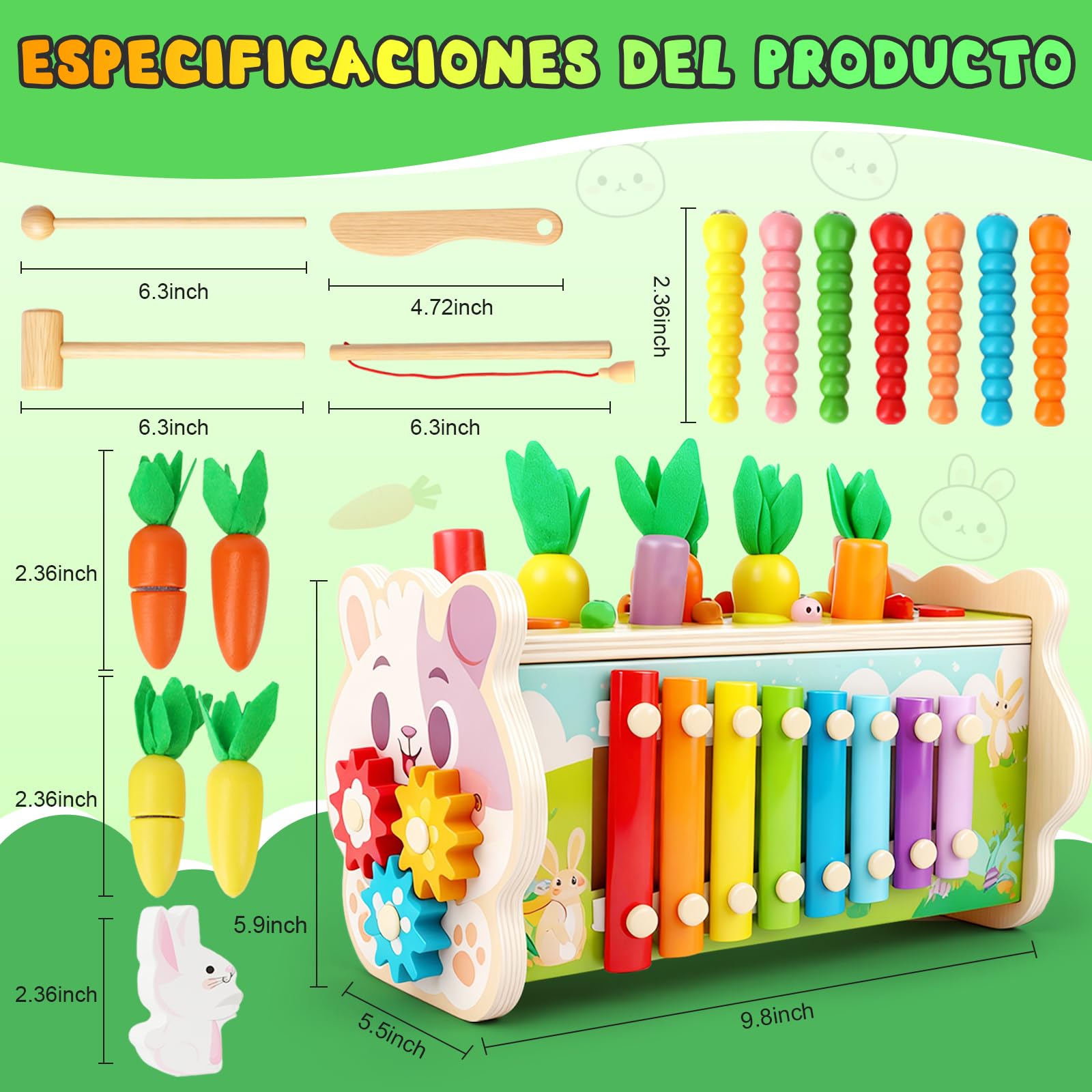 BuzzoXerex Juguetes Montessori 1 Años, 9 en 1 Juguetes Madera con Juguete de Martillo, Xilofono, Juego de Pesca y Laberinto Numérico, Interactivo Educativos Regalo Niño 1 2 3 4 Años