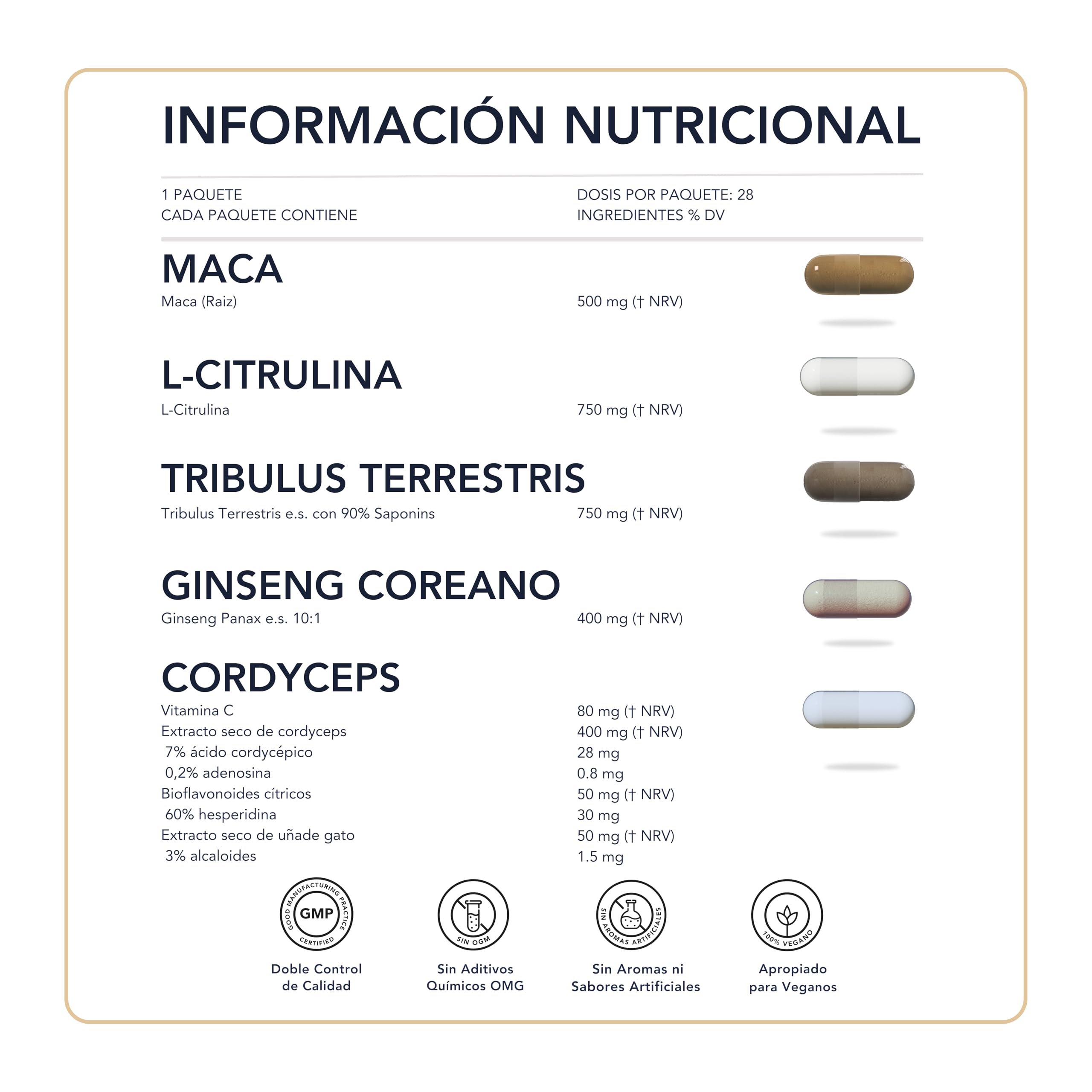 Tribulus Maca L Citrulline Cordyceps Ginseng Suplemento Vitalidad Física Mental 28 Dosis