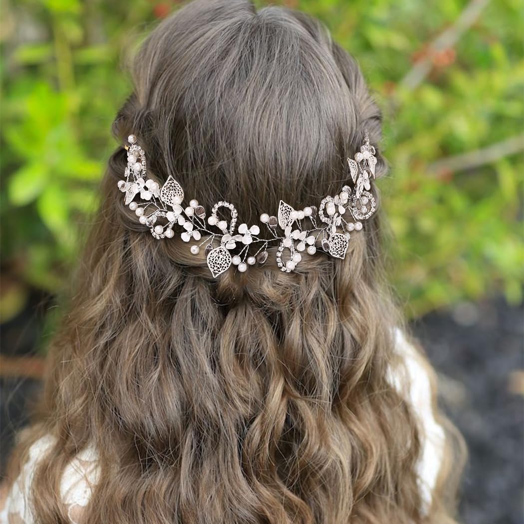 IYOU Princess Crystal Headpiece Silver Flower Wedding Headband Pearl Holy Communion Hair Accessories for Flower Girl Bride Bridesmaid - Image 3