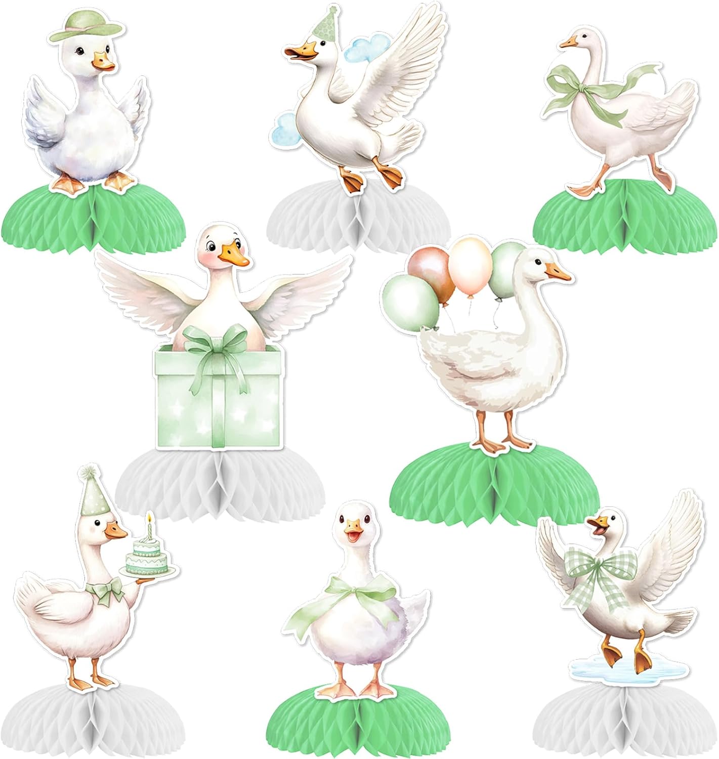 8Pcs Goose Honeycomb Centerpieces Goose Party Decorations Green Bow Silly Goose Table Centerpieces Farm Animal Table Decorations for Boys Girls Baby Shower Birthday Party Supplies