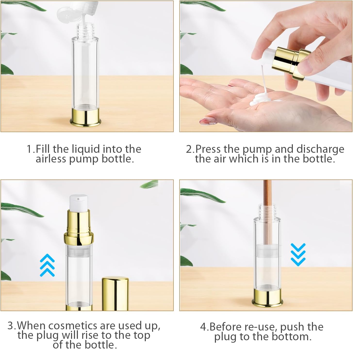 15 Pcs 0.34oz/10ml Airless Pump Bottle Refillable Vacuum Pump Bottles Travel Size Cosmetic Container for for Lotion Cream Moisturizer Facial Serum (Pack of 2)