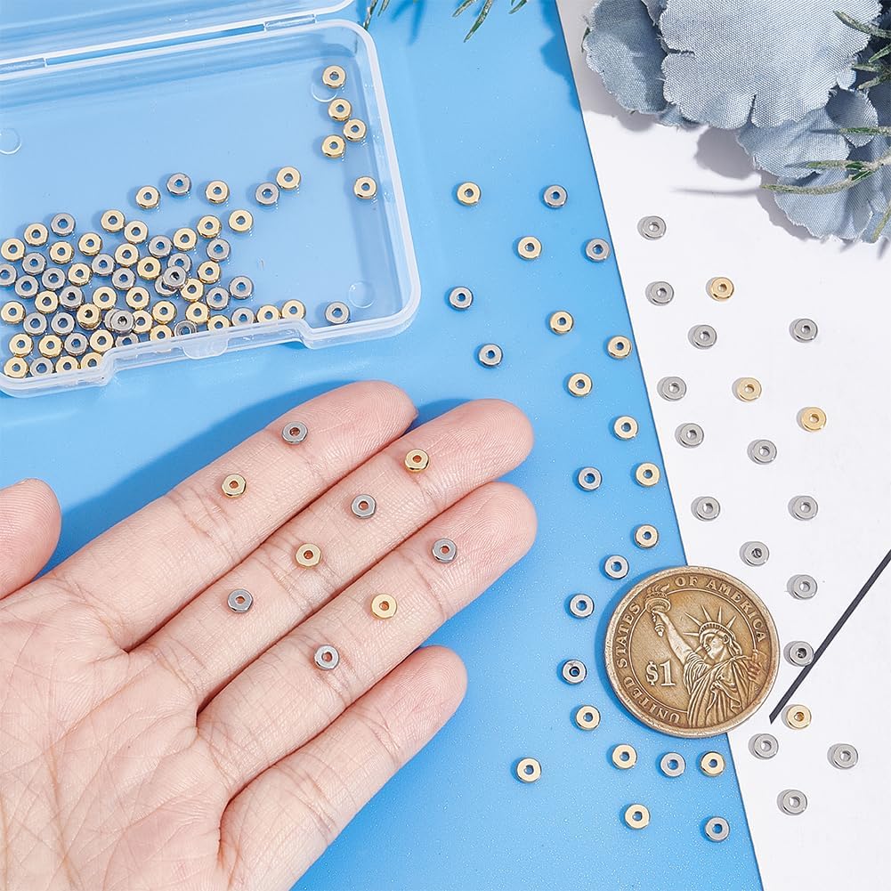 UNICRAFTALE About 120Pcs 2 Colors Flat Round Beads 4mm Stainless Steel Disc Beads Rondelle Spacer Bead Round Loose Bead for DIY Jewelry Making Hole 1.2mm - Image 2