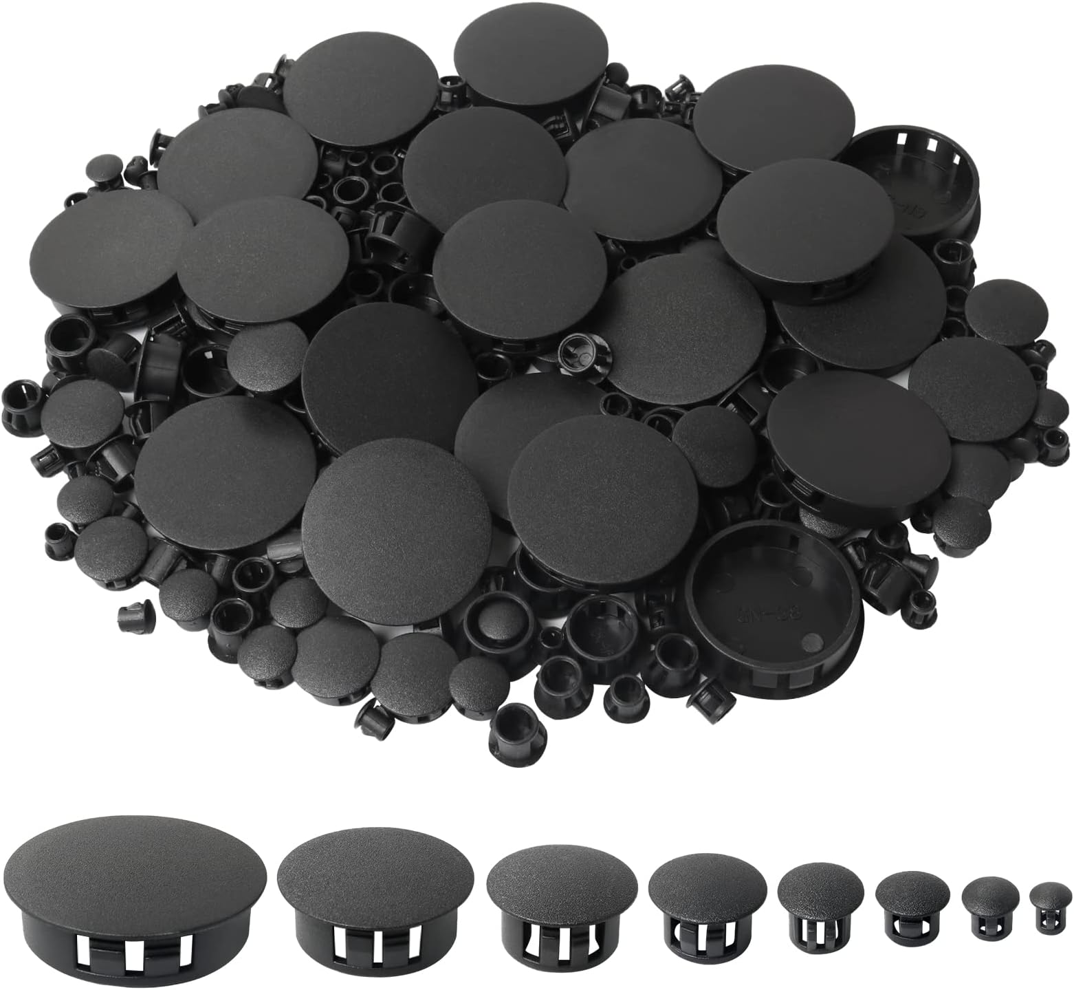 320Pcs 8 Sizes Black Plugs Hole Plastic Hole Plugs Hole Round Plugs, Plastic Hole Cover Snap in Locking Hole Plugs for Kitchen Cabinet Furniture (3/16“, 1/4“,5/16“, 3/8“,1/2“, 5/8“, 1“, 11/2“)