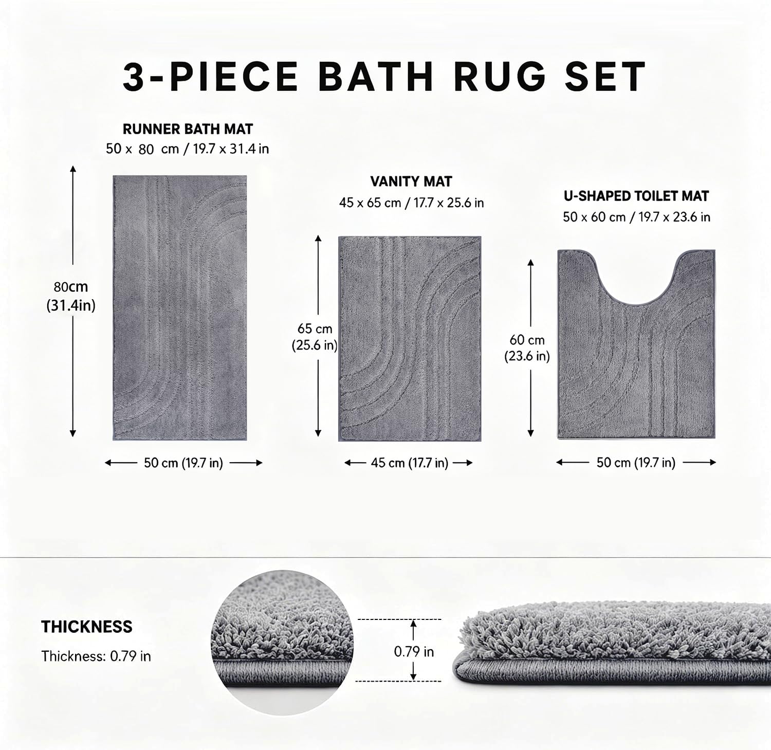 3-teiliges Badezimmerteppich Set wasserabsorbierend Grau | Mikrofaser Badematte rutschfest waschbar Weiche Badteppiche Badvorleger Set U-Form Toilettenmatte für Dusche & WC Badewanne