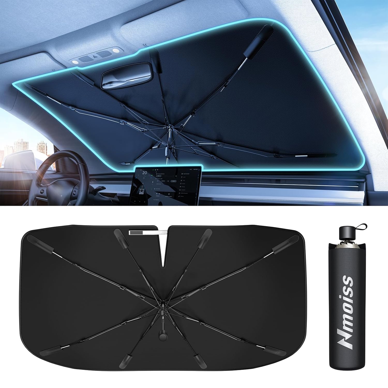 Upgraded Nmoiss Windshield Sun Shade Umbrella - Vinyl Coating Heat Shield Protect Car from Sun Rays Heat Damage