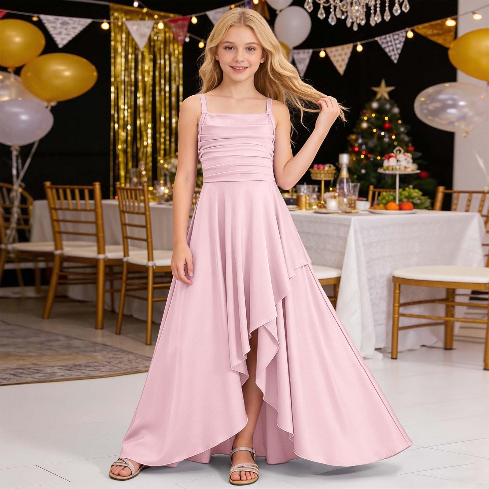 Genérico Vestido de Fiesta para niñas con Dobladillo Escalonado con Volantes y diseño de Cintura Arrugada sin Tirantes para, de Punto piqué, cómodo y Suave, Ideal para cumpleaños, colección Casual