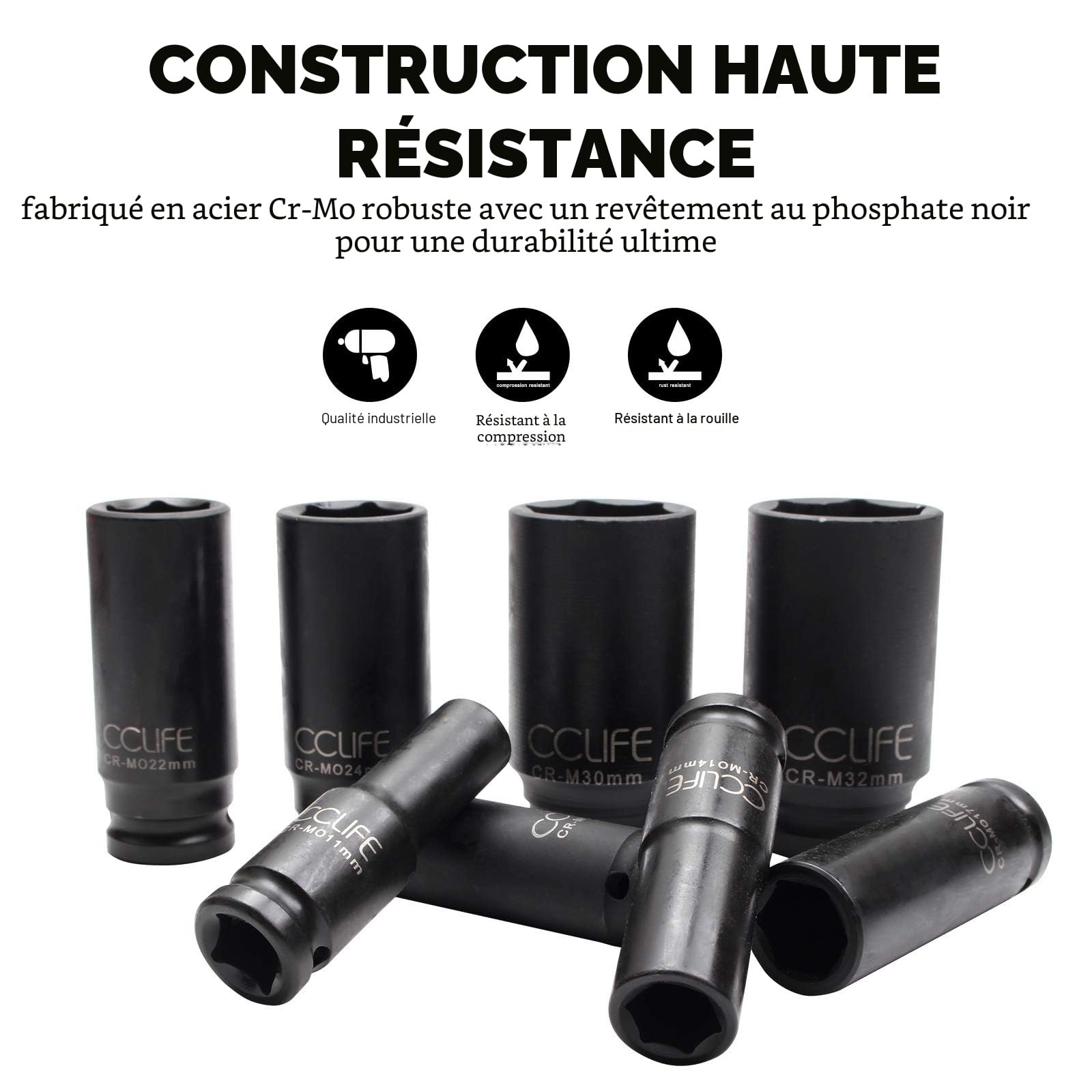 CCLIFE 16 pièces Coffret Douilles longue Douille a choc hexagonale 1/2" Carré, Cr-Mo 10-32mm convient pour visseuses