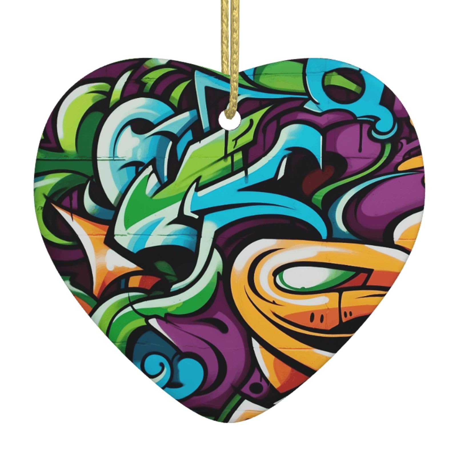 Ceramic Christmas Tree Hanging Ornaments with Gold Ropes Christmas Tree Decorations Heart Ceramic Graffiti Drawing Art Pendant Keepsake Decorations for Holiday Xmas Gift Ideas