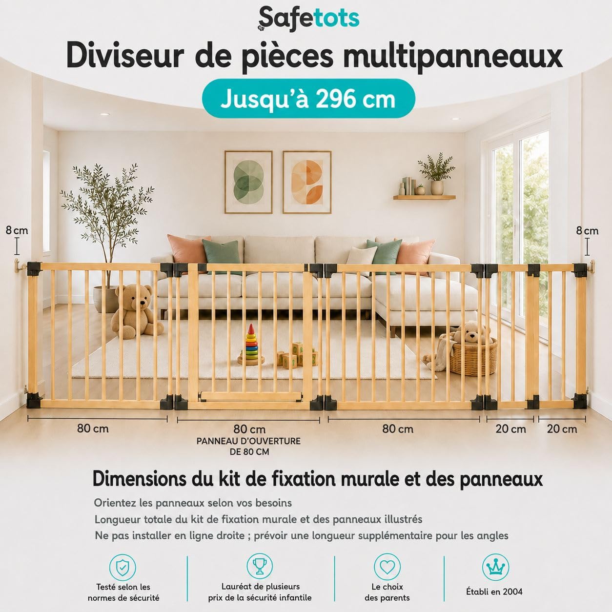 Safetots Séparateur de Pièce Multi-Panneau en Bois, Barrière Flexible avec Porte pour Bébé et Tout-Petit, Installation Facile, jusqu'à 296cm de Largeur x 76cm de Hauteur, Couleur Bois Naturel
