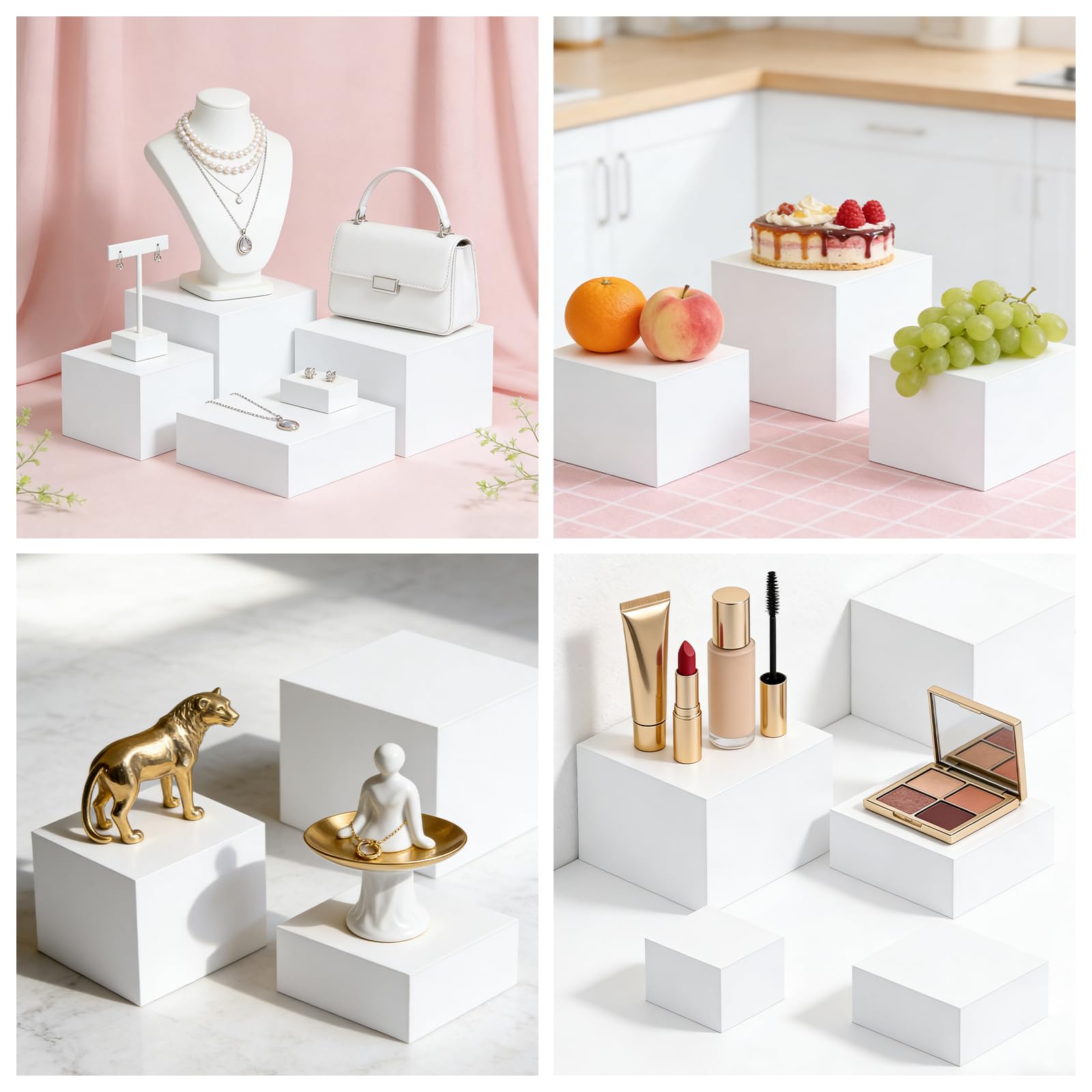 6 scatole acriliche bianche, supporto per buffet in acrilico, supporto per dessert con base cava, display per alimenti Risers, cubetti in acrilico, per dolci, gioielli, espositore a cubo con fondo