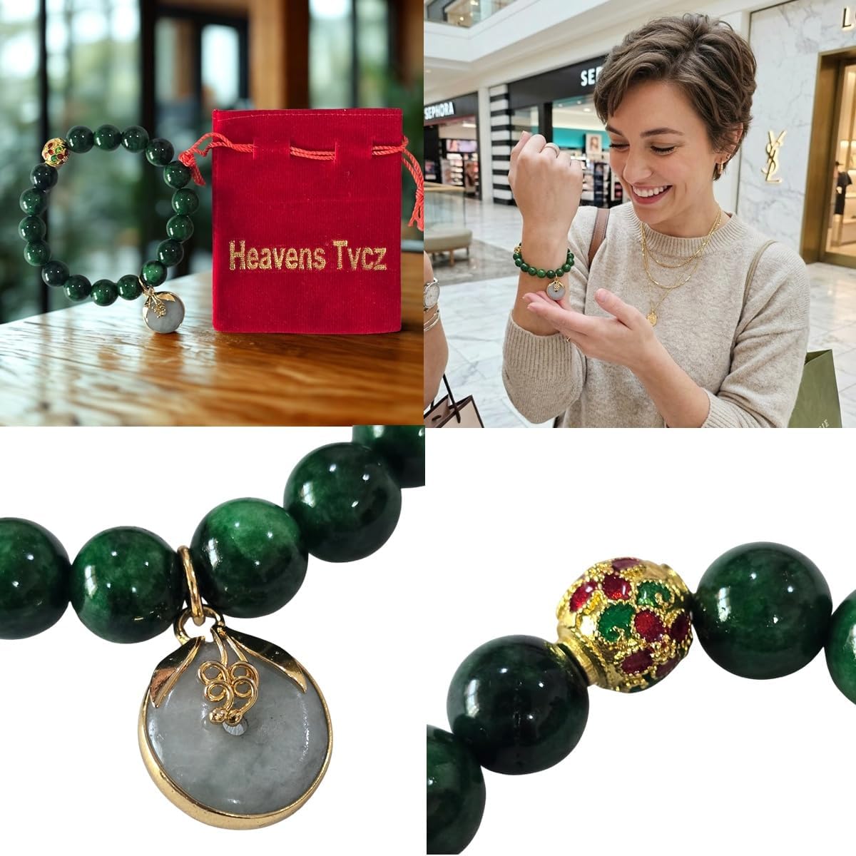 Premium Natural Green Jade Bracelet 10.20mm for Women & Men – Genuine Dark Green Jade Beaded Stretch Bracelet with Thai Floral Gold Bead & White Donut Jade Charm – Feng Shui Lucky Wealth Prosperity Jewelry Gift with Red Velvet Pouch