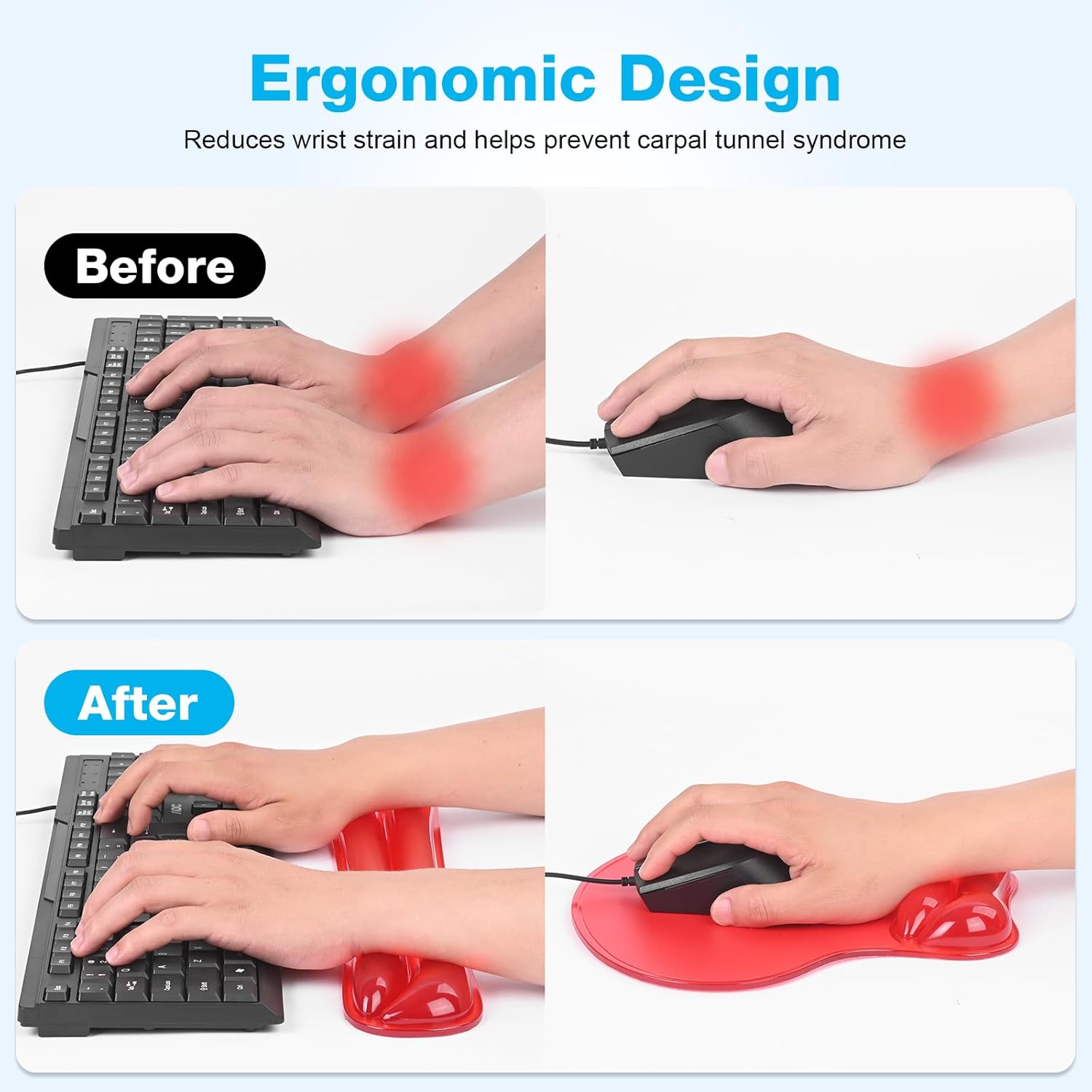 Gel Mouse pad & Keyboard Wrist Rest Set, Ergonomic Keyboard and Mousepad with Wrist Support, Keyboards Wrist Rest, Computer Keyboards Pad, Cooling Gel Red - Image 2