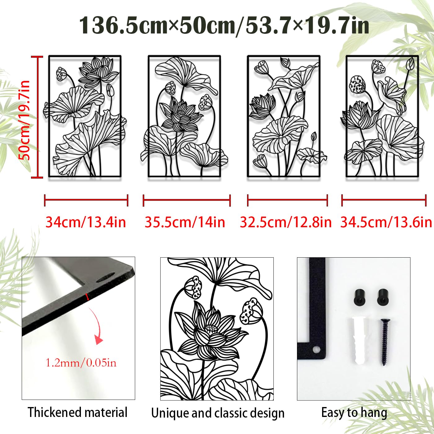 Pduoduo Metall Abstrakte Pflanze Floral Line Art Wanddekoration,Blume Minimalistische Wandkunst,Linie Blume Moderne Hängende Skulptur 4 Panel