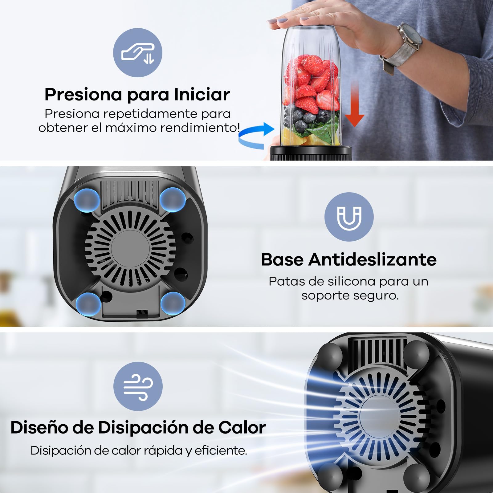 Ganiza Batidora de Vaso, Minilicuadorade 900 W, 25 000 RPM, 3 Vasos Tritan para Llevar (300 ml, 500 ml y 700 ml), 4 Cuchillas Asimétricas, para todo tipo de Batidos y Smoothies
