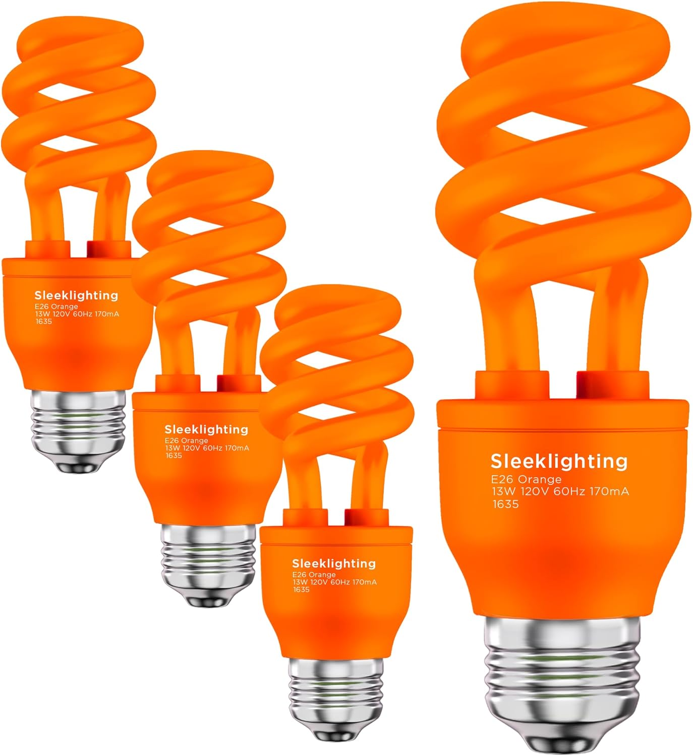 SLEEKLIGHTING 13 Watt Spiral CFL Light Bulb,- UL Approved- 120 Volt, E26 Medium Base. (Pack of 4) (Black and Orange)