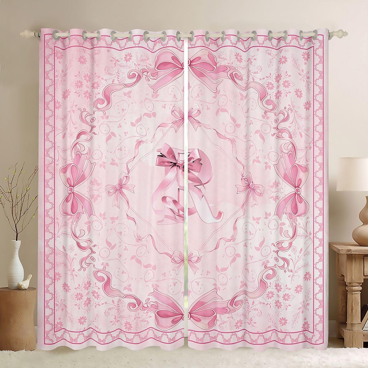 Feelyou Bow Curtains for Bedroom Living Room Bowknot Blackout Darkening Drapes Retro Flowers Window Treatments, 2 Panels 52 x 96 Inch Soft Pink Room Decor Personalized Initial R