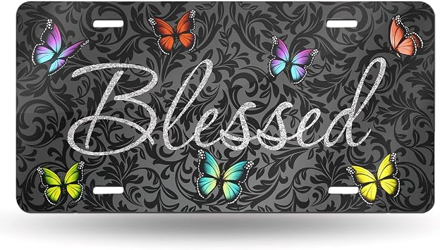 License Plate Blessed Glitter Butterflies Decorative Car Front,Metal Plate,License Plates,Vanity Tag,Aluminum Noverlty License Plate for Men/Women Car 612 Inch