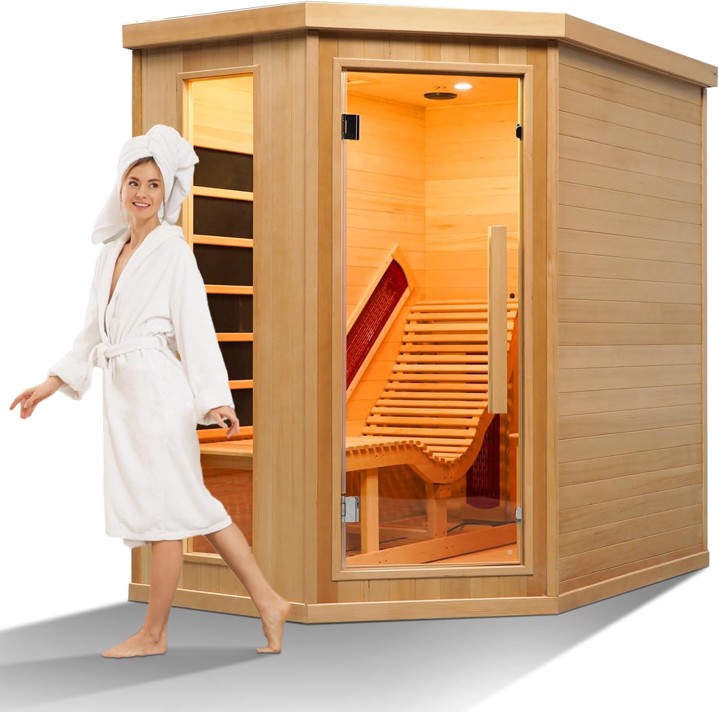 1-2 Person Infrared Home Sauna Room, Canadian Hemlock Wood Dry Sauna with LED Control Panel and Tempered Glass Door, Single Person Lounge Chair