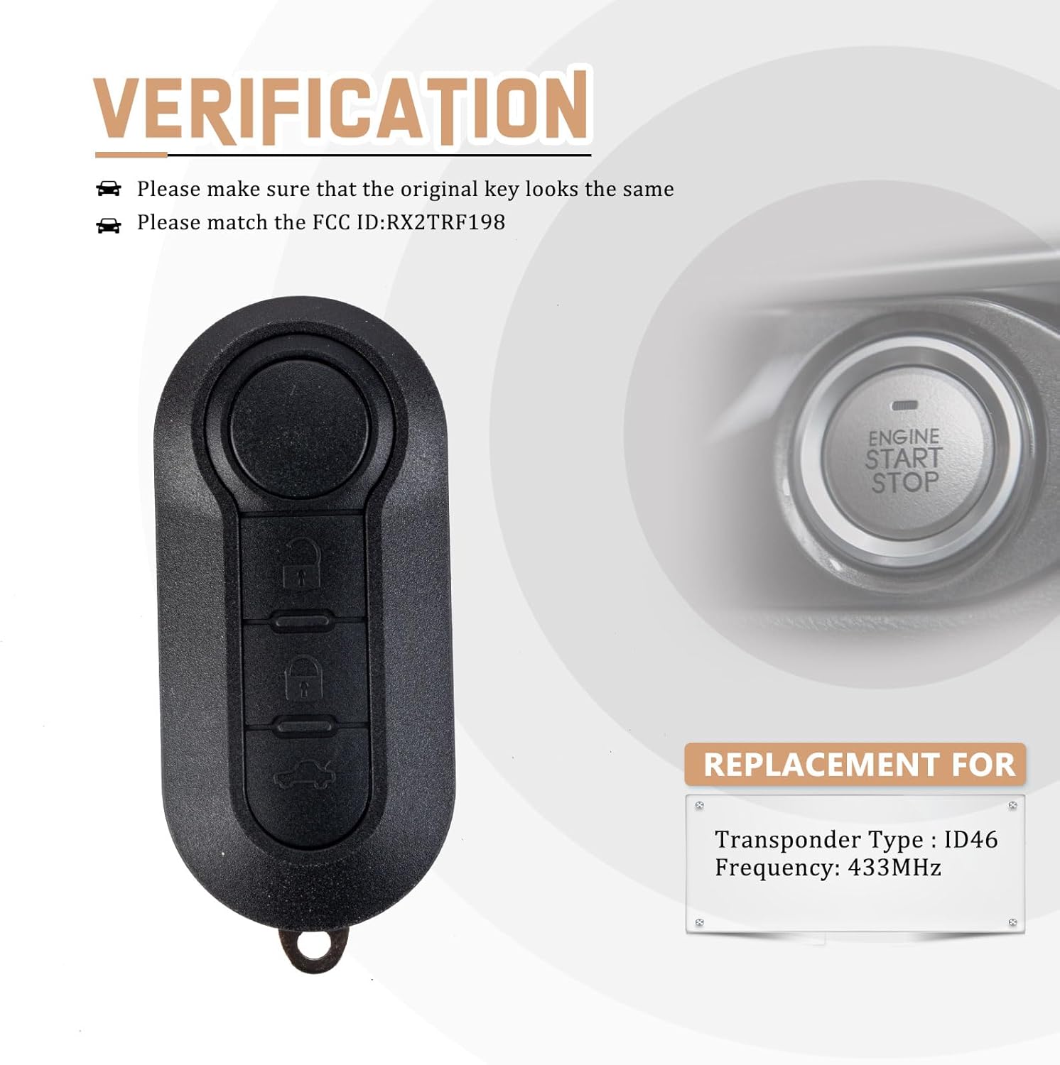 Flip Car Key Keyless Entry Replacement for 2015/2016/2017/2018/2019 Fiat 500L Fiat Panda RAM ProMaster1500 2500 3500 RX2TRF198 ID46 Chip (Pair)