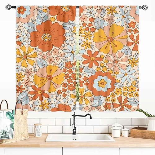 Cortinas de cocina florales retro de los años 70 para ventana, diseño de flores naranjas hippie, estéticas, bohemias, opacas, pequeñas, cortas, para