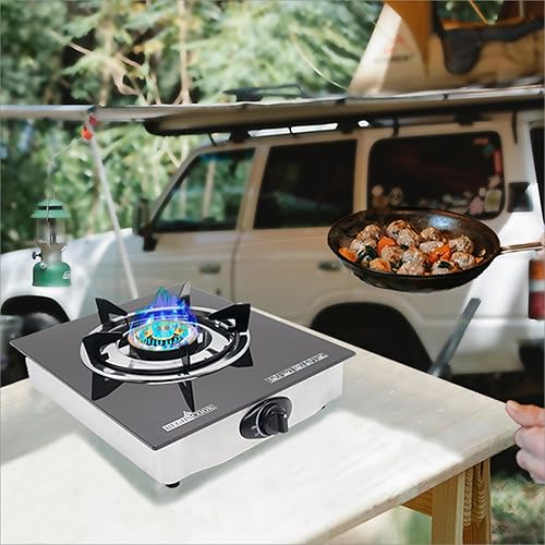 Miniatura 6 de Cocina de gas propano de 1 quemador, estufa de gas LPG portátil para camping, regulador de encimera de vidrio templado de encendido automático y