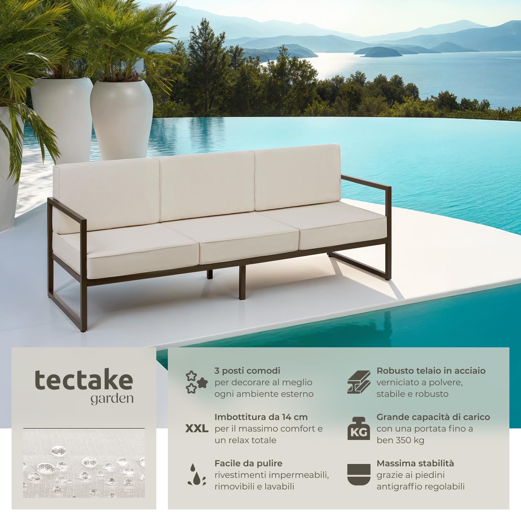 Tectake Divano da Giardino Comosa 3 Posti Imbottitura XXL Acciaio Verniciato