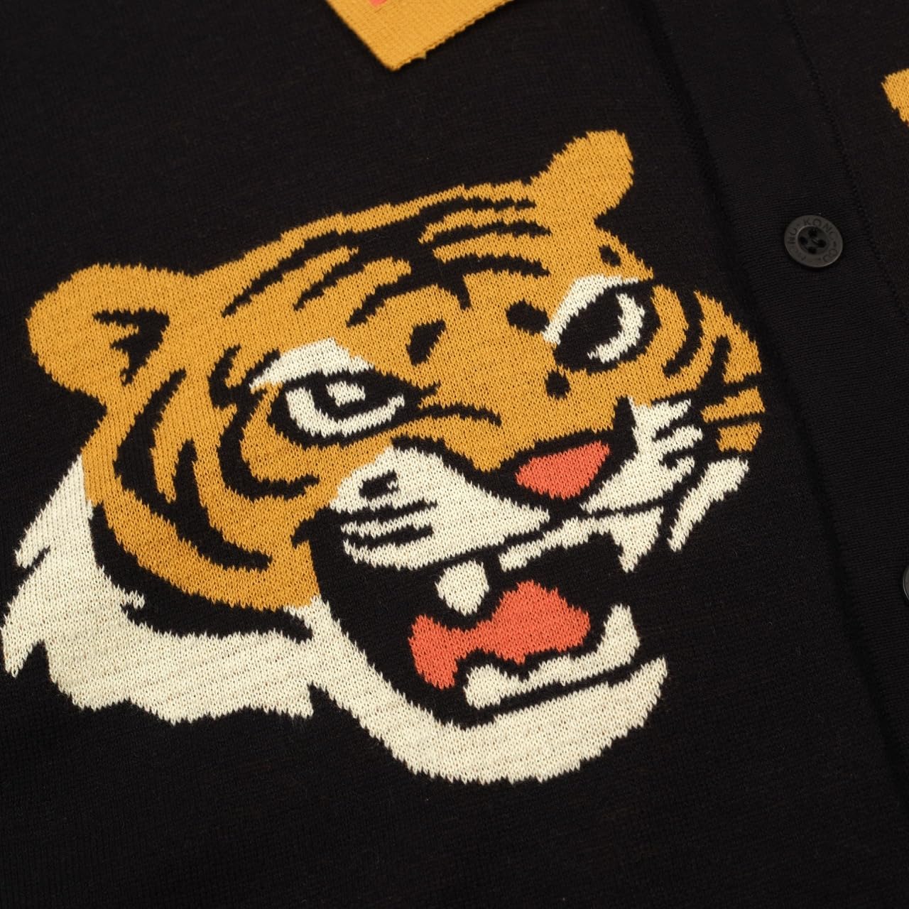 OXKNIT Men's Knit Polo Shirt, Retro Tiger Pattern Cardigan Polo Button Down Short Sleeve Shirt, Dark Blue