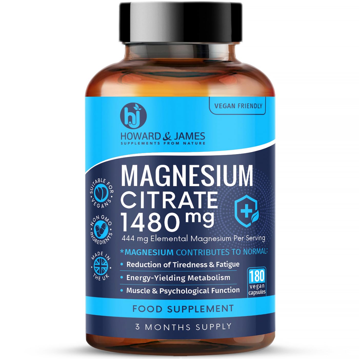 Magnesium Citrate 1480mg - 180 Vegan Capsules not Tablets - Providing 444mg Elemental Magnesium - 3 Month Supply - High Strength Supplements - Made in The UK by Howard & James
