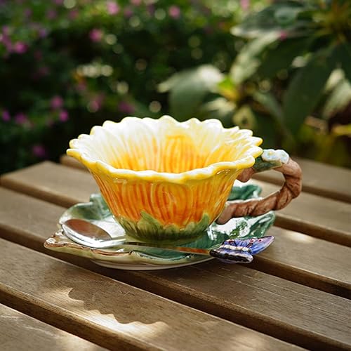 Miniatura 5 de Juego de taza de café de cerámica y platillo con cuchara, 3D hecho a mano y pintado a mano con diseño de girasol y hojas, regalos de cumpleaños para