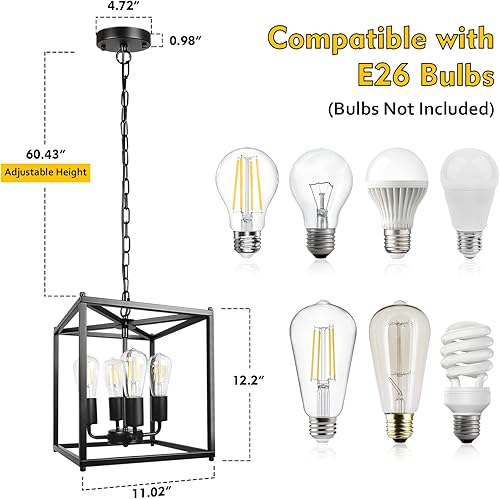 Miniatura 4 de Unicozin Candelabro de granja negro de 4 luces, lámpara colgante de linterna de hierro, jaula rústica de altura ajustable, base E26, luces colgantes