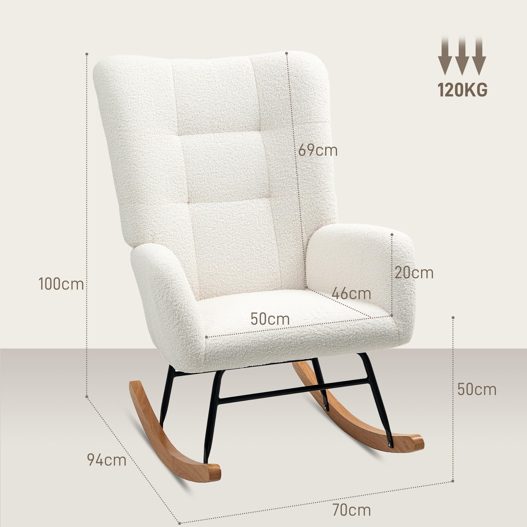 HOMCOM Sedia a Dondolo, Poltrona in Velluto Teddy, Sedia Relax con Gambe in Legno, Dondolo per Camera da Letto e Soggiorno, Bianco Crema