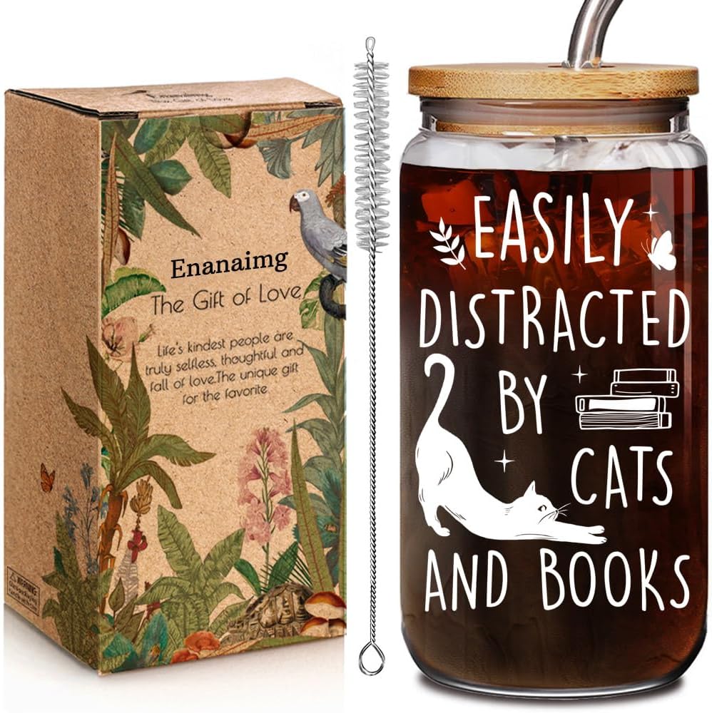 Christmas Cat Book Lovers Bookish 16oz Glass Cups with Lid & Straw Gifts for Bookworm Readers Women, Best Reading Accessories Gift for Cat Lover - Reading Writer Women Glass Cup Book Club Gifts