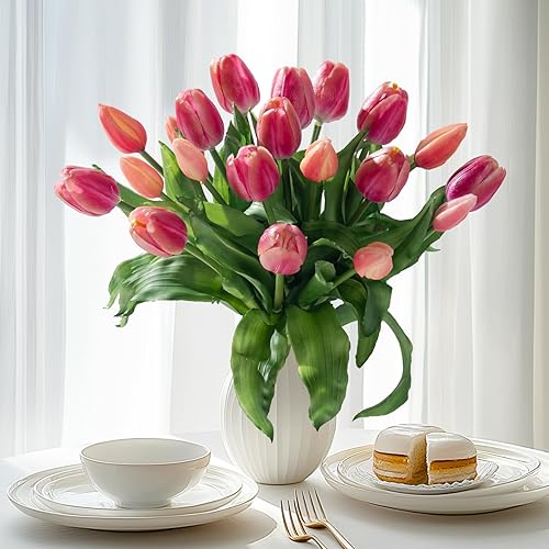 20 PCS Tulipanes Falsos Artificiales Flores de Seda Tulipán Falso Ramo de PU Flores Artificiales Flores Falsas con Caja de Regalo Tulipanes Falsos