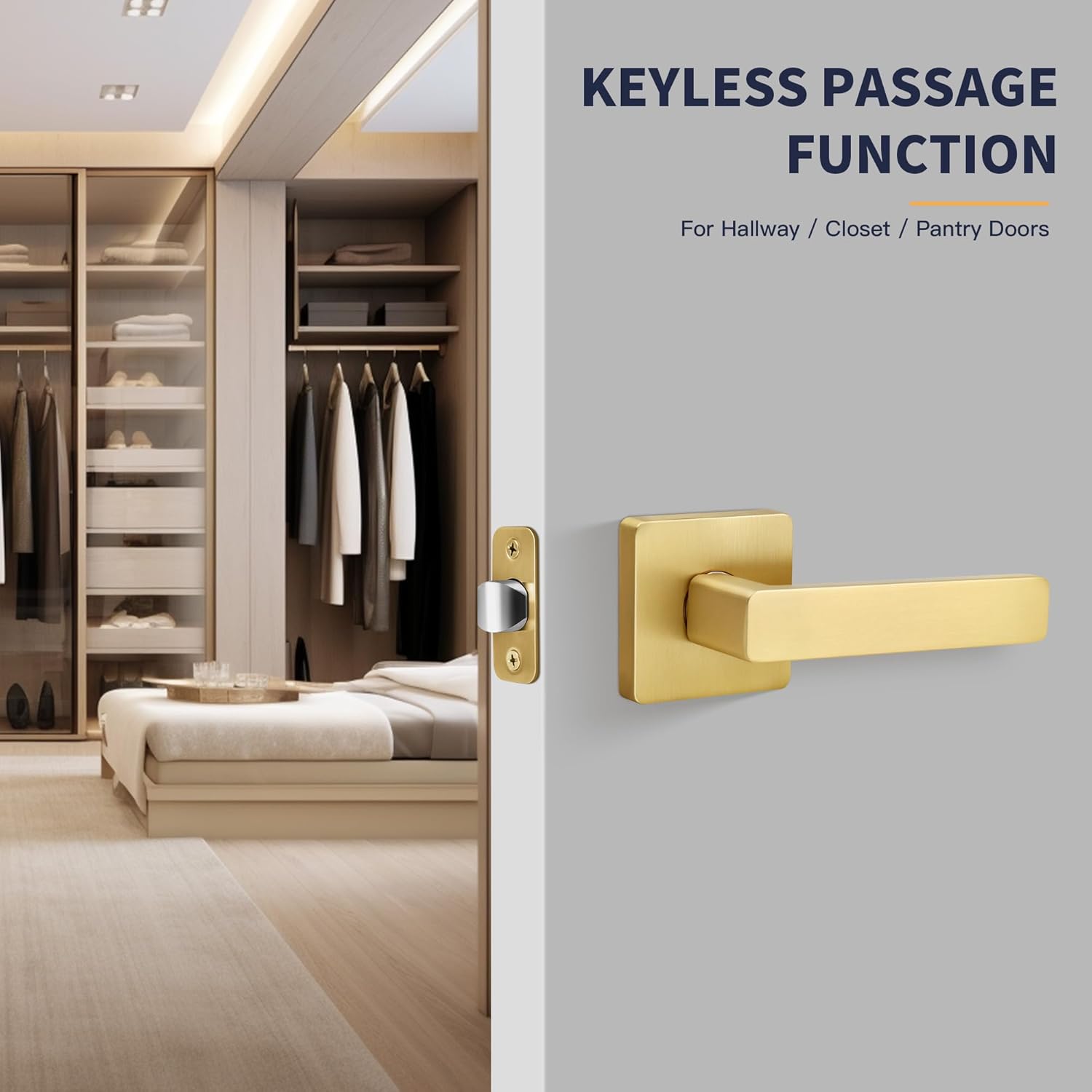 Square Passage Gold Door Handles (No Lock and Key), Non-Locking Heavy-Duty Gold Door Handle for Bathroom and Interior Closet, Satin Brass, 3 Pack