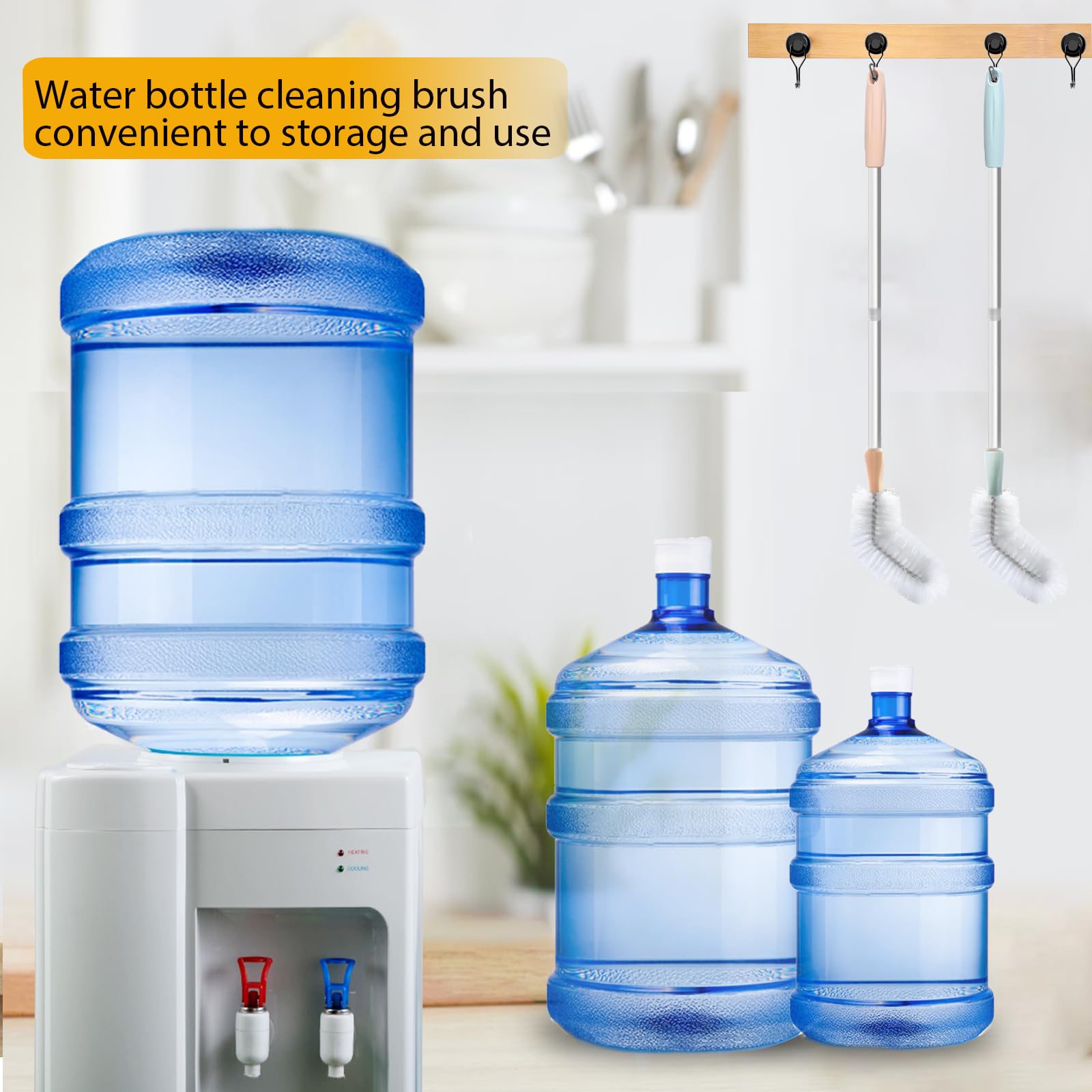 Reinigungsbürste für Wasserflaschen, 2 Stück, 71,1 cm, biegbare Wasserflaschenbürste, lange Nylonborsten mit Edelstahlgriff für 1,9 l und 1,8 l Wassereimer