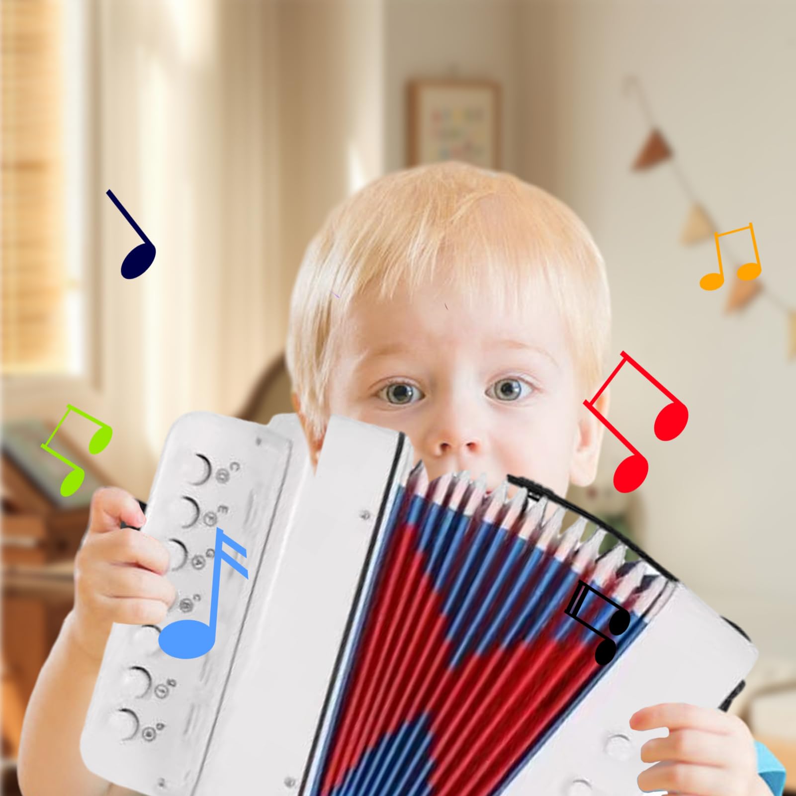 Giocattolo per bambini – Set di giochi musicali con bottoni, mini soffietto | Dispositivo di attività per sviluppare melodie e ritmi per l'apprendimento precoce, inizio colorato e adatto ai bambini