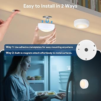 Yiliaw LED Puck Lights with Remote Control, AA Battery Operated, 12 Color Closet Under Cabinet Lighting, Push Tap Light, Under Counter for Kitchen, 12 Pack, White-Magnetic