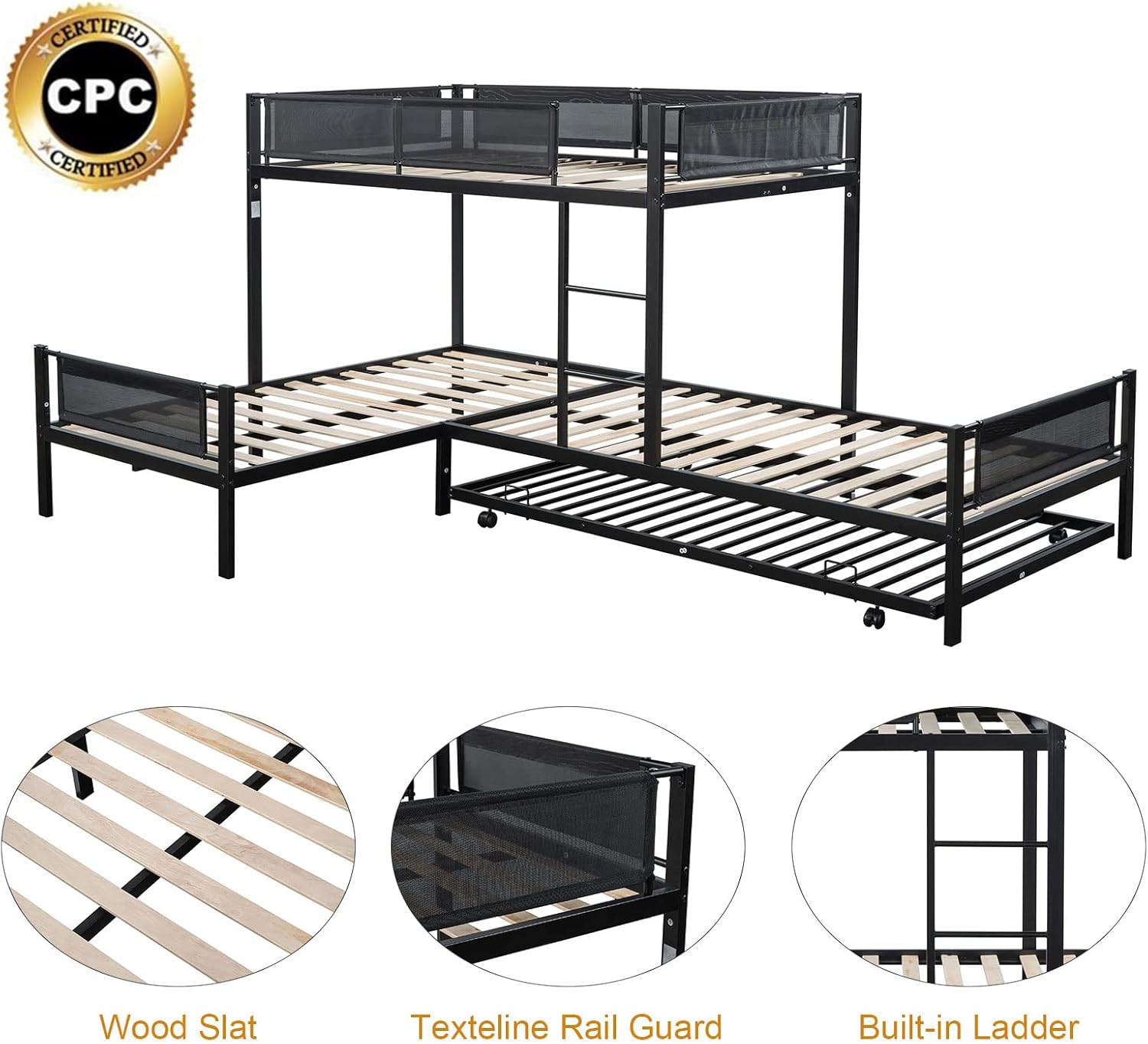 KIVENJAJA L-Shape Triple Bunk Bed with Trundle, Metal Quad Bunk Beds Twin Over Twin for 4 Kids, Heavy Duty 4 Small Bunkbeds for Teens Girls Boys Adults, Black