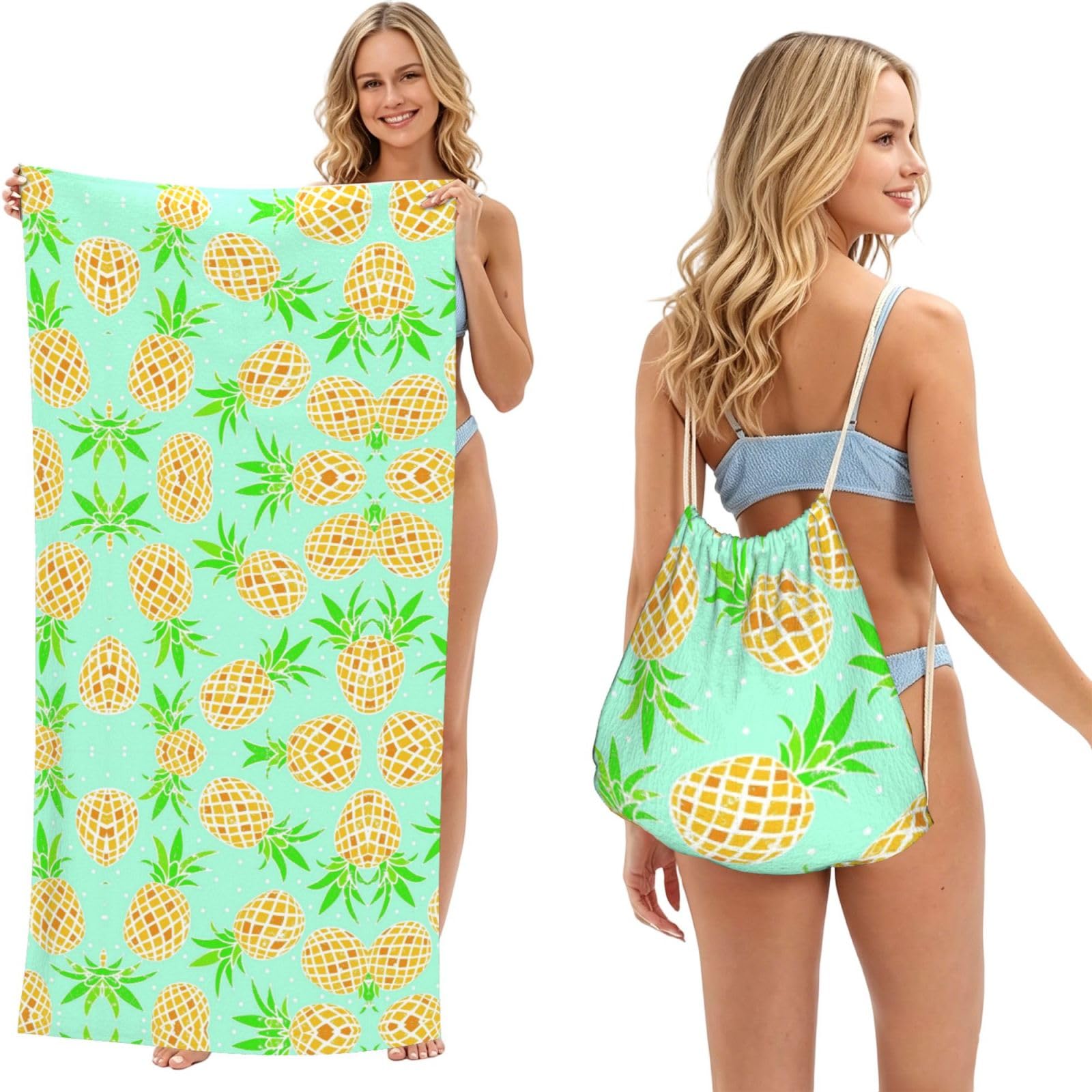 SATUSA Green Pineapple Print 2-In-1 Foldable Beach Towel Backpack â€“ Camping, Yoga And Travel,Bath Towel With Built-In Storage, Convertible Beach Mat & Carry Bag