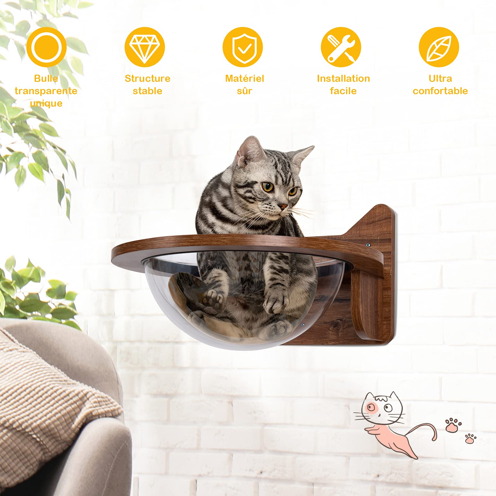 Maison Pour Chat En Acrylique Transparent - Dôme Suspendu Ou Mural - Diamètre 32 Cm - Perchoir Fenêtre - 5