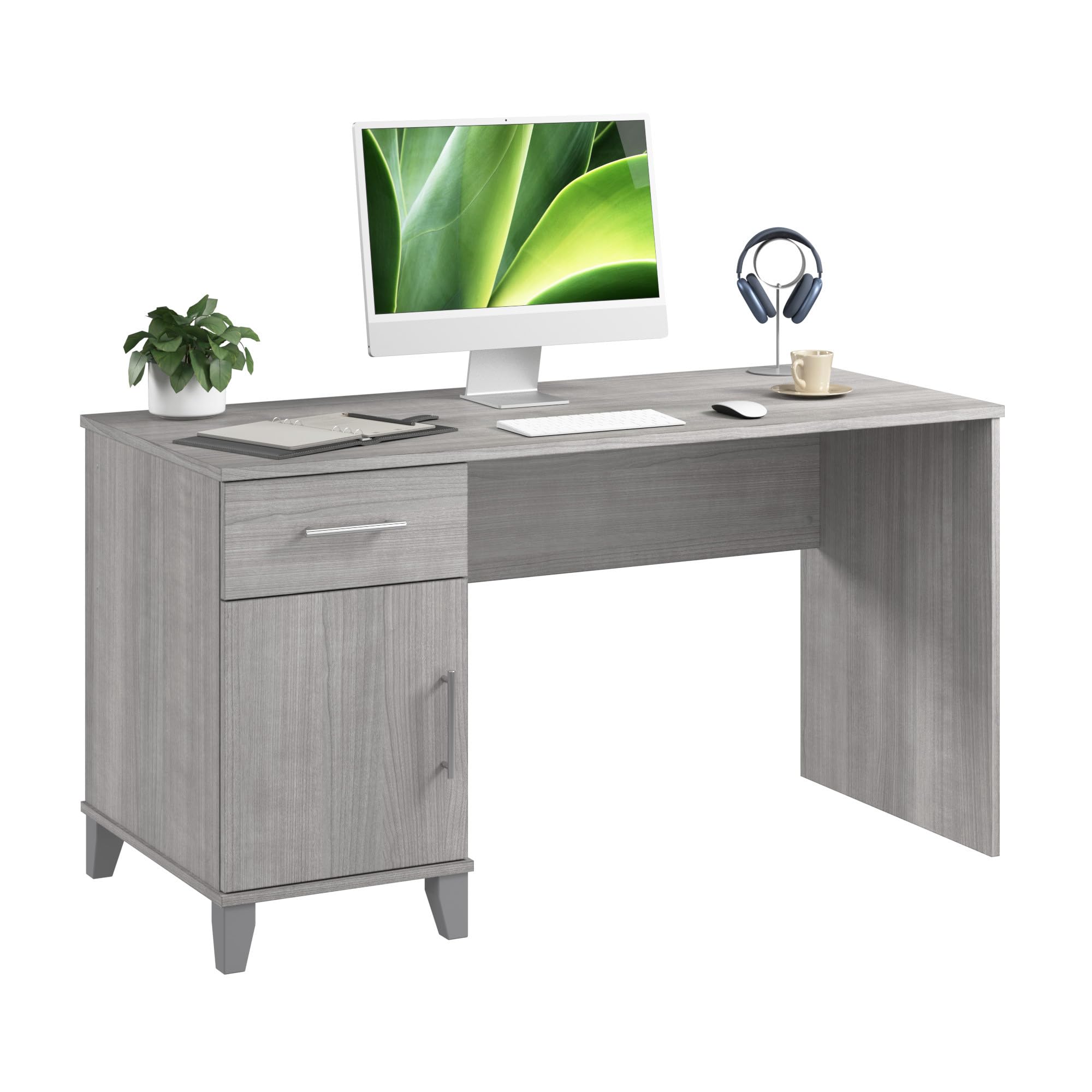 Bush Home Somerset 54W Office Desk with Drawer and Cabinet in Platinum Gray, Computer Table with Storage for Home Office Workspace