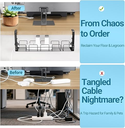 Vista 2 de Bandeja de organización de cables debajo del escritorio, organizador de alambre de metal de 15.7 pulgadas con abrazadera, estante de cables