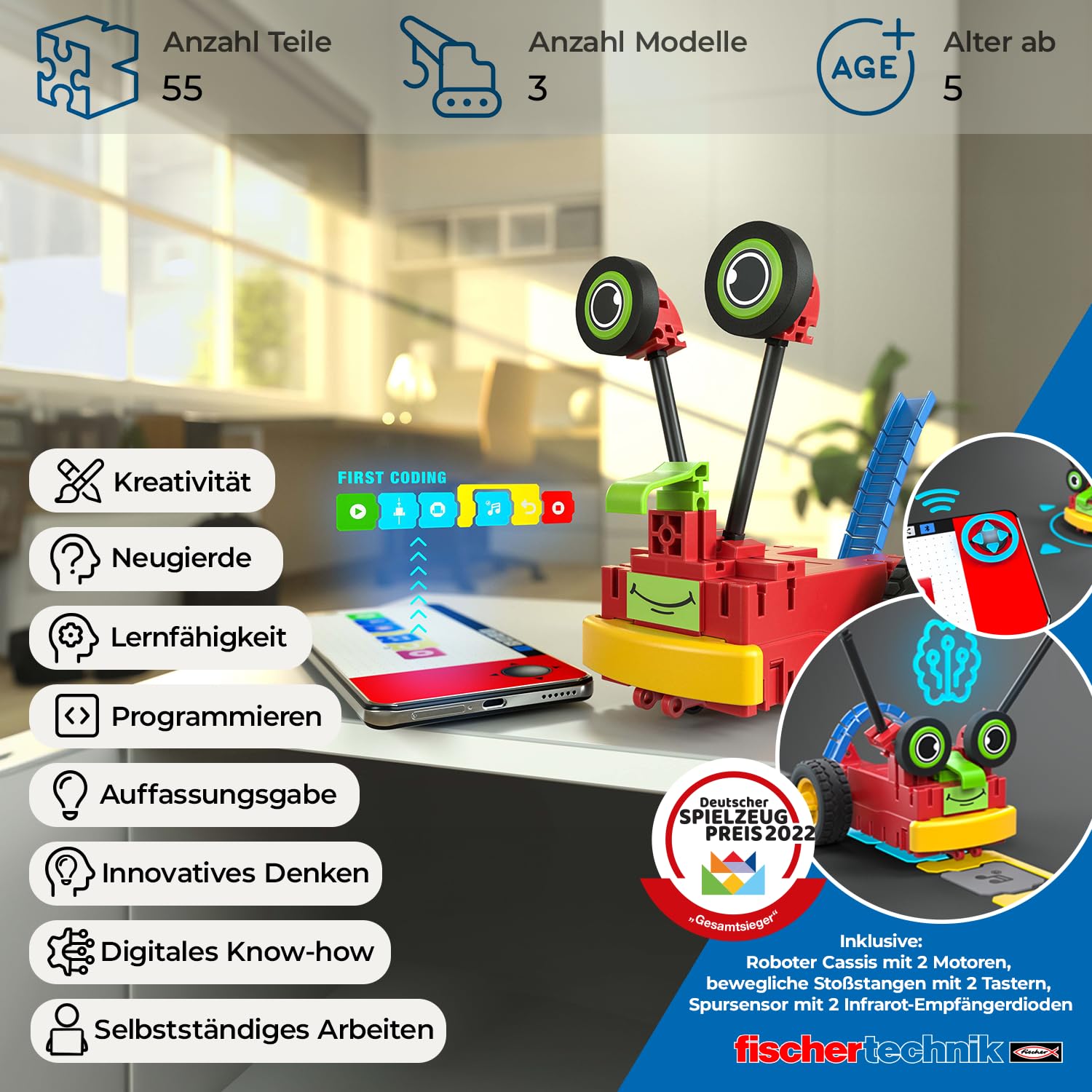 fischertechnik 559889 ROBOTICS – Early Coding, Bausatz für Kinder ab 5 Jahren, Experimentierkasten für 3 Roboter Modelle, zum Bauen & Programmieren, mit Motoren & Sensoren