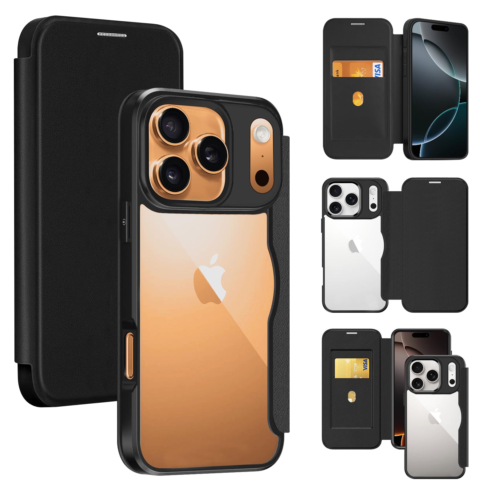 Guokaien iPhone17 Pro MAX 用の ケース 手帳型 クリア 背面 透明 いPhone17 pro max スマホケース アイフォン17pro max カバー 軽量 高級なPUレザー+PCパネル+TPUバンパー 永久磁石 マグネット カード収納 人気財布型 手帳カバー(ブラック)