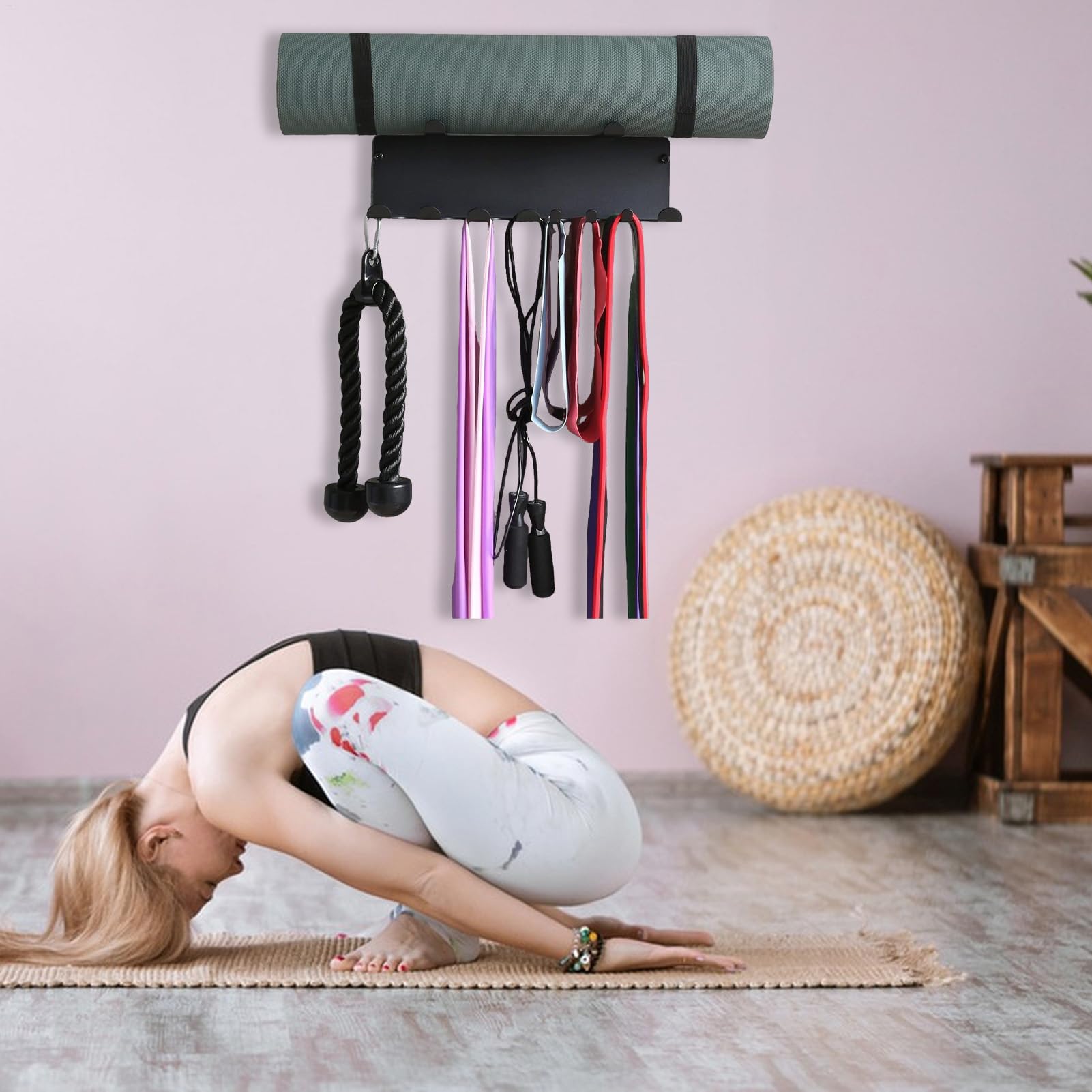 na taśmę oporową, organizer na sprzęt fitness, uchwyt montowany na ścianie o solidnej konstrukcji, rozwiązanie do przechowywania domowych pomieszczeń treningowych, akcesoria fitness, na